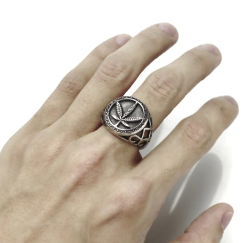 Rock Style Jewelry with Hemp Leaf / Cool Men's Ring / Biker's Jewelry