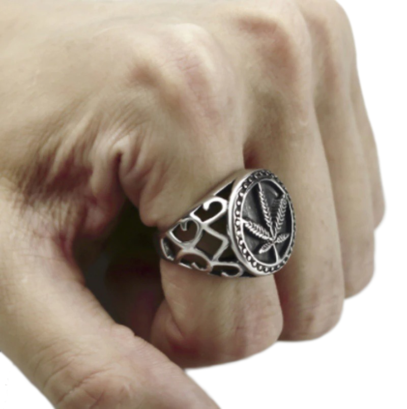 Rock Style Jewelry with Hemp Leaf / Cool Men's Ring / Biker's Jewelry