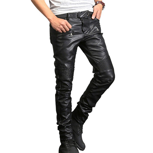 Rock Style Mens Ripped Moto Pants / Faux Leather Pants for Men / Biker Skinny Black Slim Trousers