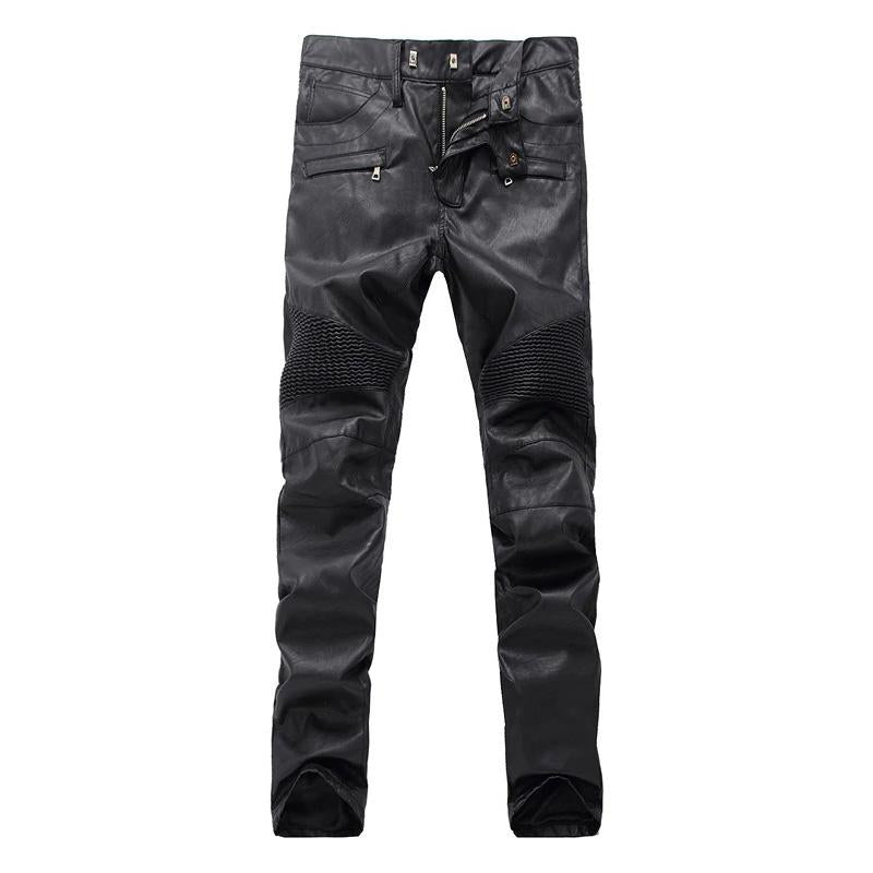 Rock Style Mens Ripped Moto Pants / Faux Leather Pants for Men / Biker Skinny Black Slim Trousers