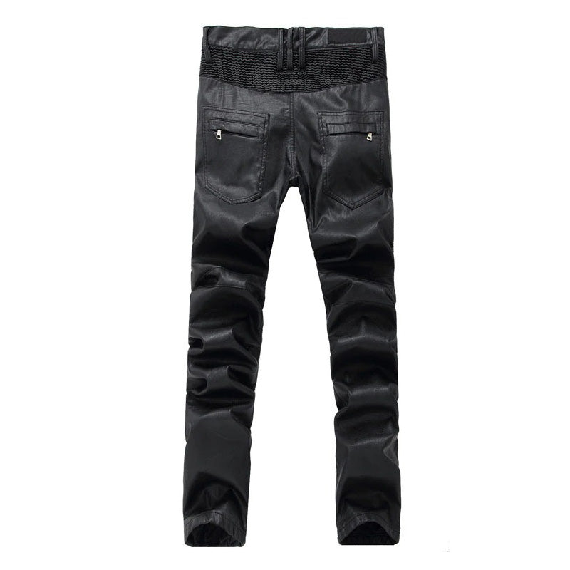 Rock Style Mens Ripped Moto Pants / Faux Leather Pants for Men / Biker Skinny Black Slim Trousers