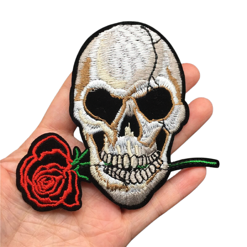 Rock Style Patches Of Skull With Rose In Teeth / Unisex Accessory For Jackets and Bags