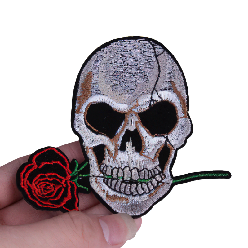 Rock Style Patches Of Skull With Rose In Teeth / Unisex Accessory For Jackets and Bags