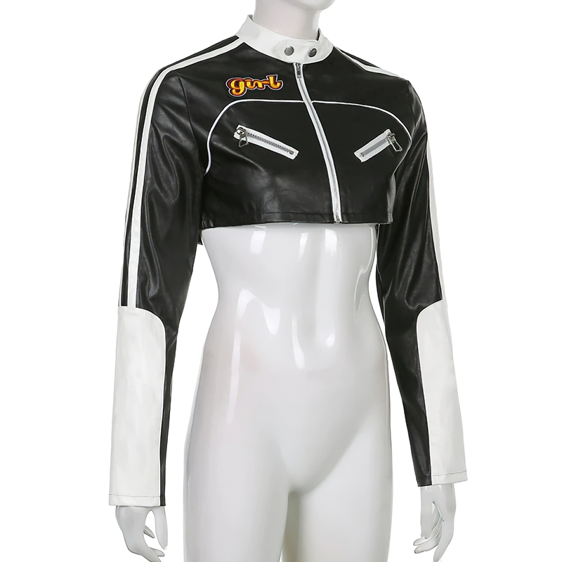 Rock Style Patchwork Cropped PU Leather Jacket For Women / Alternative Fashion Streetwear