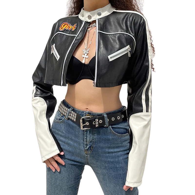 Rock Style Patchwork Cropped PU Leather Jacket For Women / Alternative Fashion Streetwear
