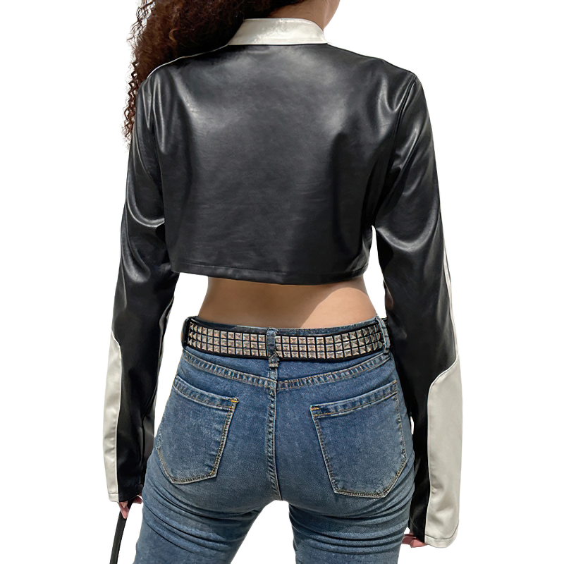 Rock Style Patchwork Cropped PU Leather Jacket For Women / Alternative Fashion Streetwear