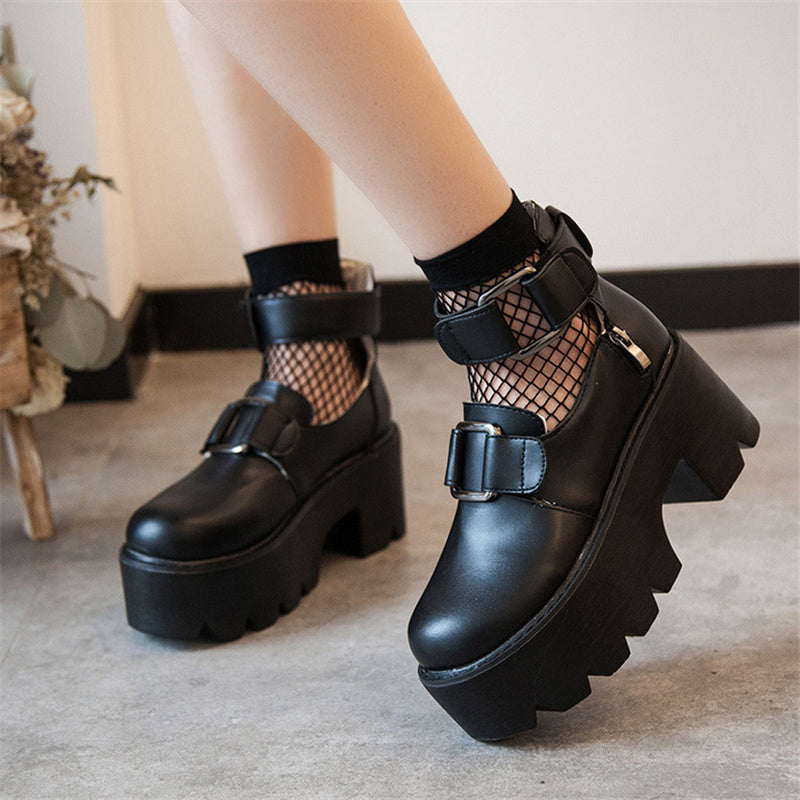 Rock Style Round Toe / Women's Chunky Pumps Shoes / Gothic Fashion Outfit