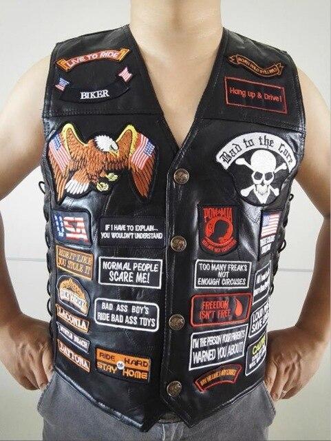 Genuine Leather Biker Vest With Patches / Rock Style Skull US Flag Eagle / Edgy Clothing