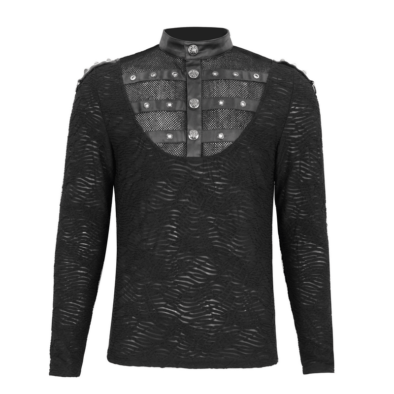 Rock Style Stand Collar Textured Black Top With Buttons and Rivets