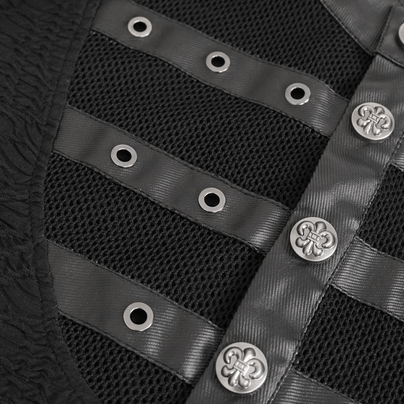 Rock Style Stand Collar Textured Black Top With Buttons and Rivets