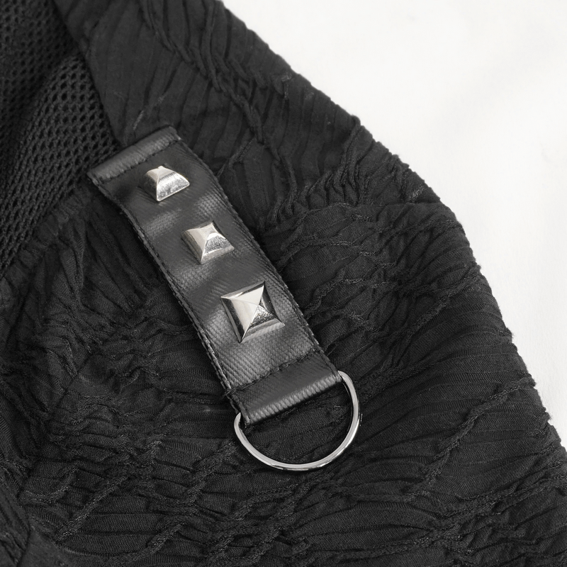 Rock Style Stand Collar Textured Black Top With Buttons and Rivets