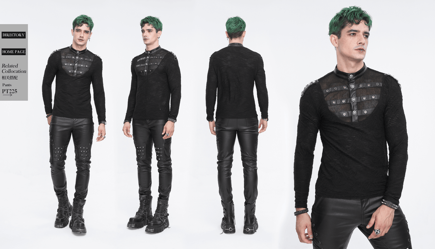 Rock Style Stand Collar Textured Black Top With Buttons and Rivets