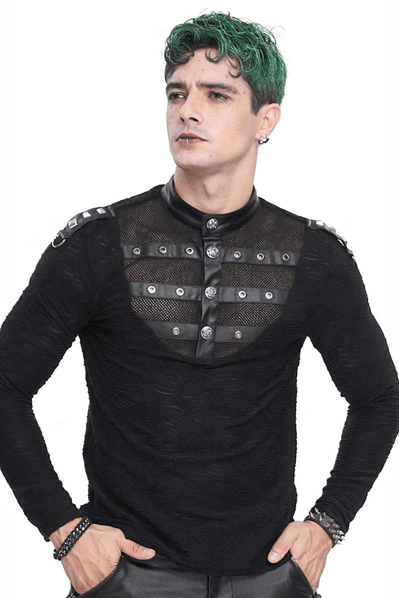 Rock Style Stand Collar Textured Black Top With Buttons and Rivets