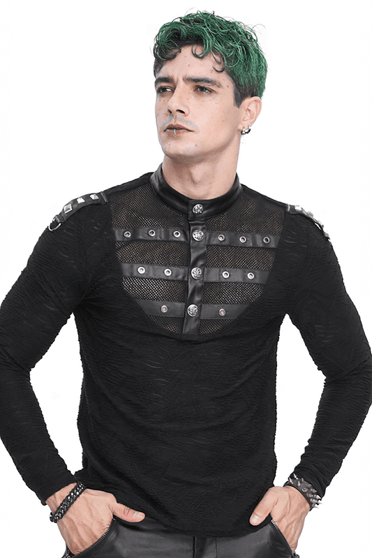 Rock Style Stand Collar Textured Black Top With Buttons and Rivets