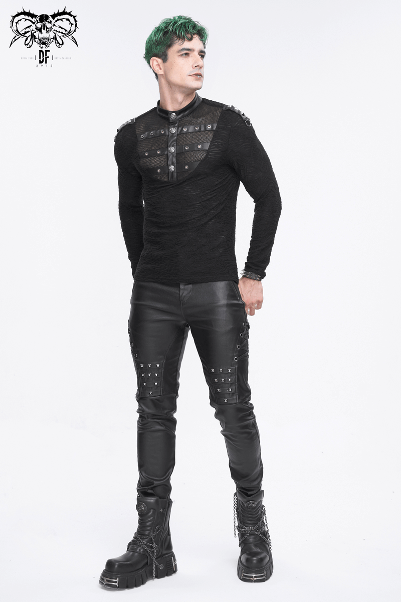 Rock Style Stand Collar Textured Black Top With Buttons and Rivets