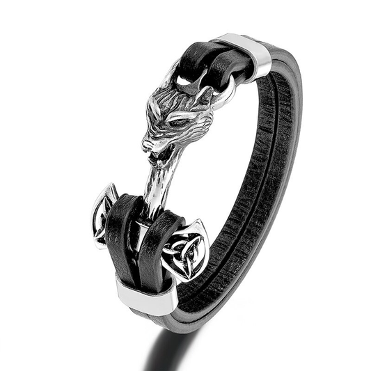 Rock Style Wolf Head Bracelet / Genuine Leather Unisex Bracelet / Stainless Steel Vintage Bracelet