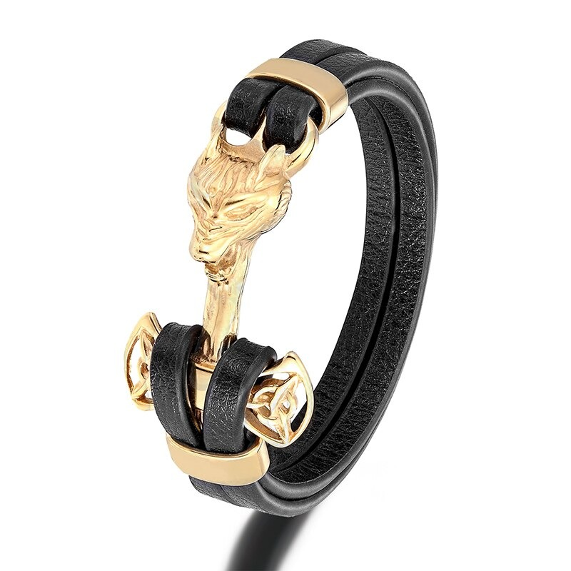 Rock Style Wolf Head Bracelet / Genuine Leather Unisex Bracelet / Stainless Steel Vintage Bracelet