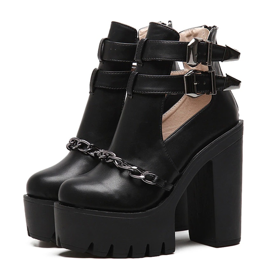 Rock Style Women High Heel Boots With Chain / Round Toe Thick Platform Buckle Shoes