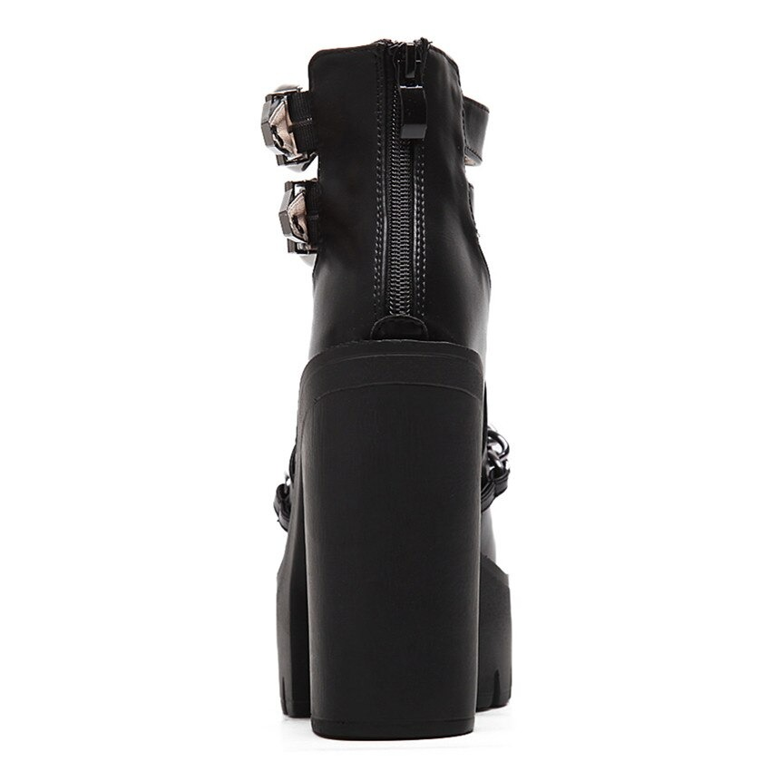 Rock Style Women High Heel Boots With Chain / Round Toe Thick Platform Buckle Shoes