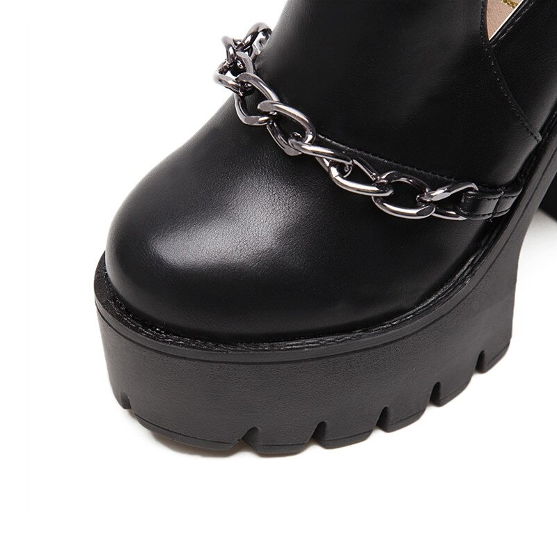 Rock Style Women High Heel Boots With Chain / Round Toe Thick Platform Buckle Shoes