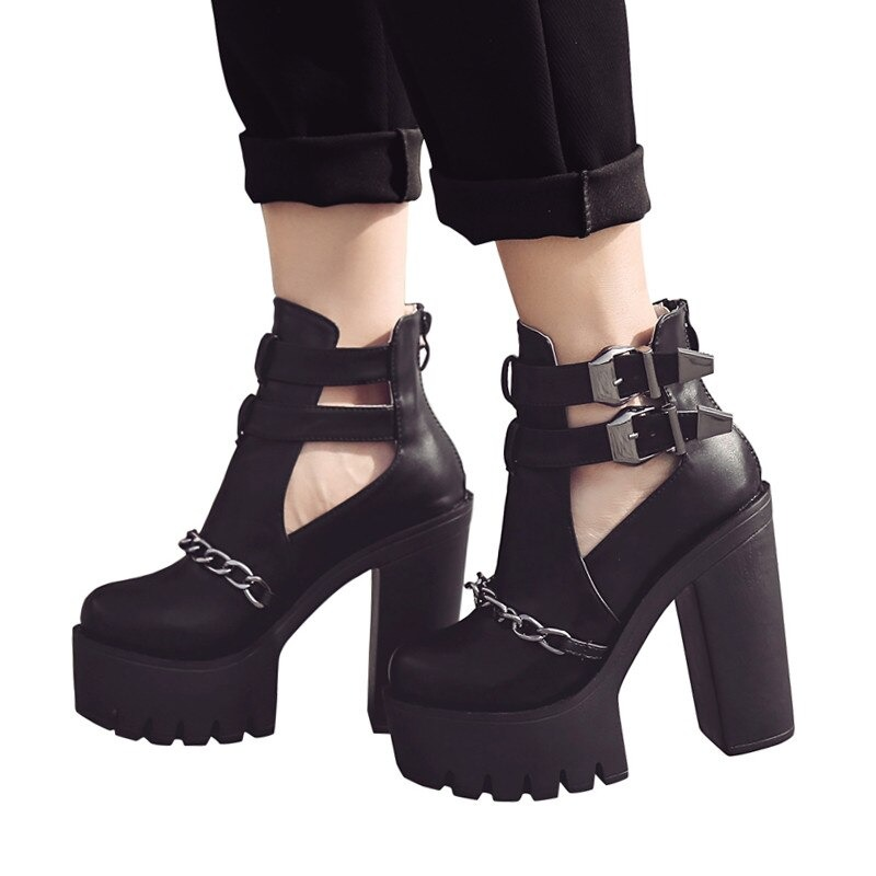 Rock Style Women High Heel Boots With Chain / Round Toe Thick Platform Buckle Shoes