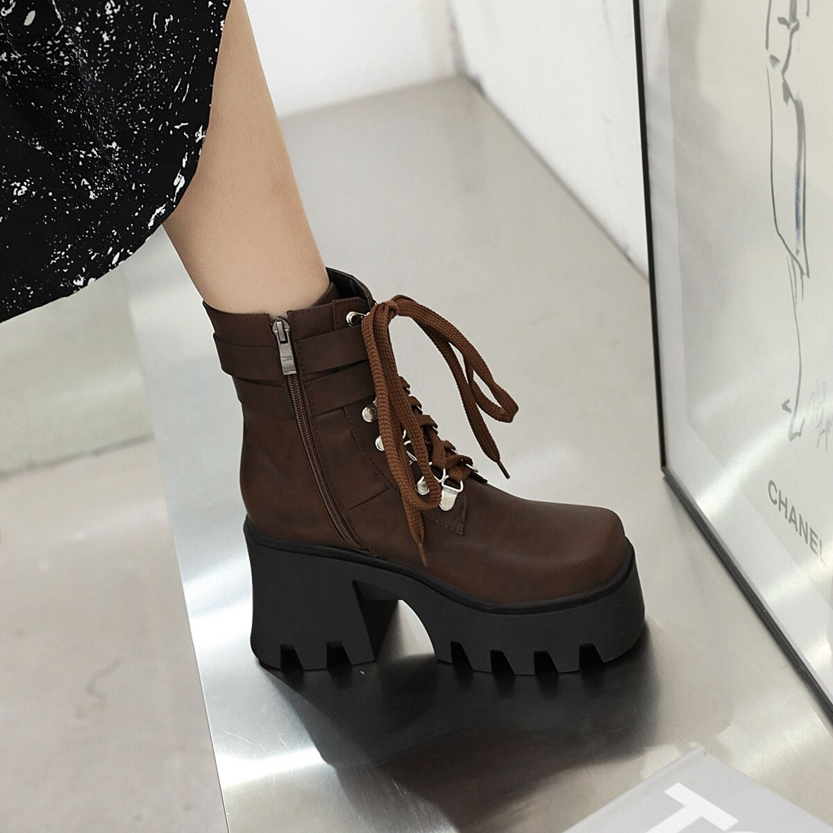 Rock Style Women Lacing Motorcycle Boots / Platform Boots on Heels