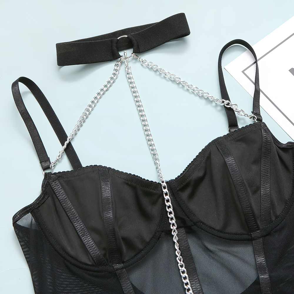 Rock Style Women's Body / Female Black Bodysuit With Chain / Sexy Deep Neck Bodycon