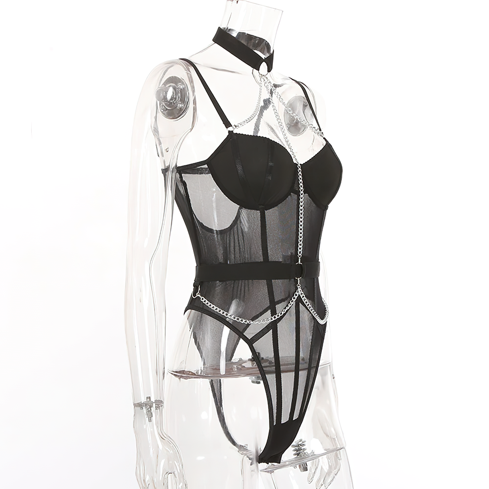 Rock Style Women's Body / Female Black Bodysuit With Chain / Sexy Deep Neck Bodycon