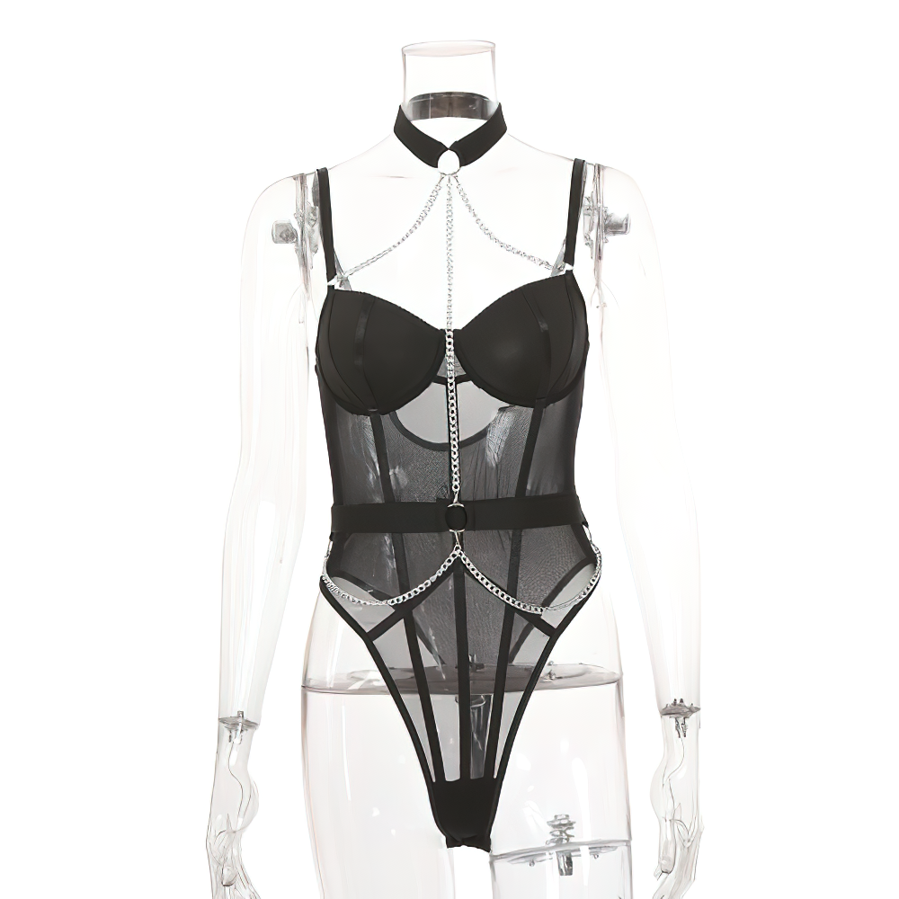Rock Style Women's Body / Female Black Bodysuit With Chain / Sexy Deep Neck Bodycon