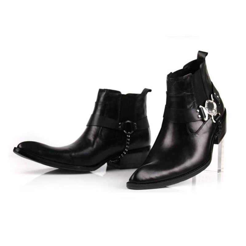 Rocker Chick Buckle Solid Shoes / High Heels Men's Boots / Thick Pointed Toe Ankle Boots
