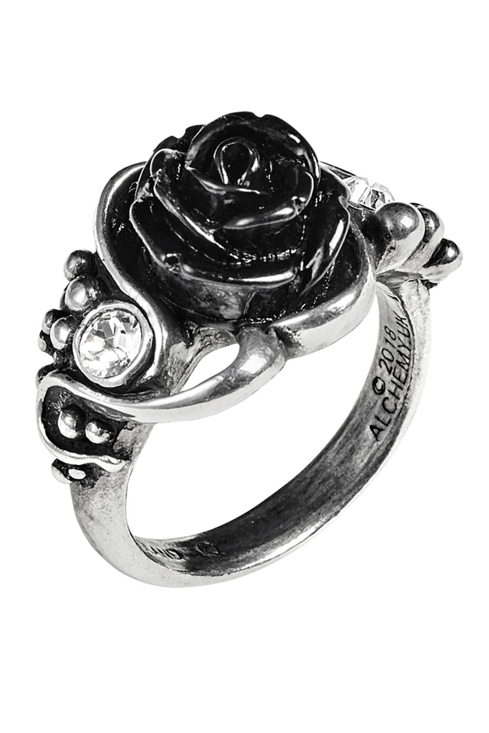 Romance Black Rose and Crystal Gothic Vine Ring