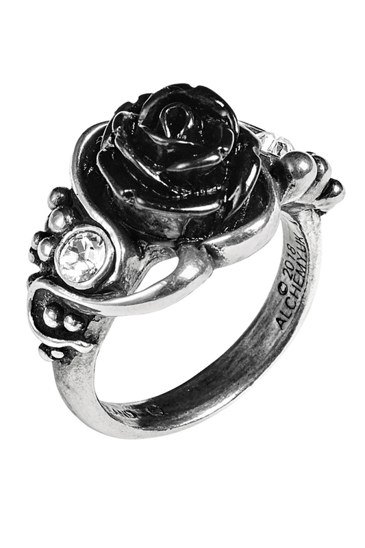Romance Black Rose and Crystal Gothic Vine Ring