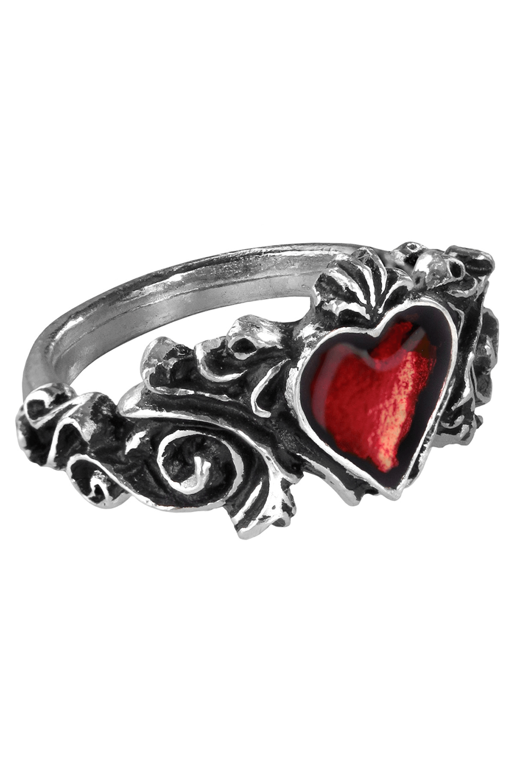 Romantic Gothic Ring with Red Heart and Floral Design