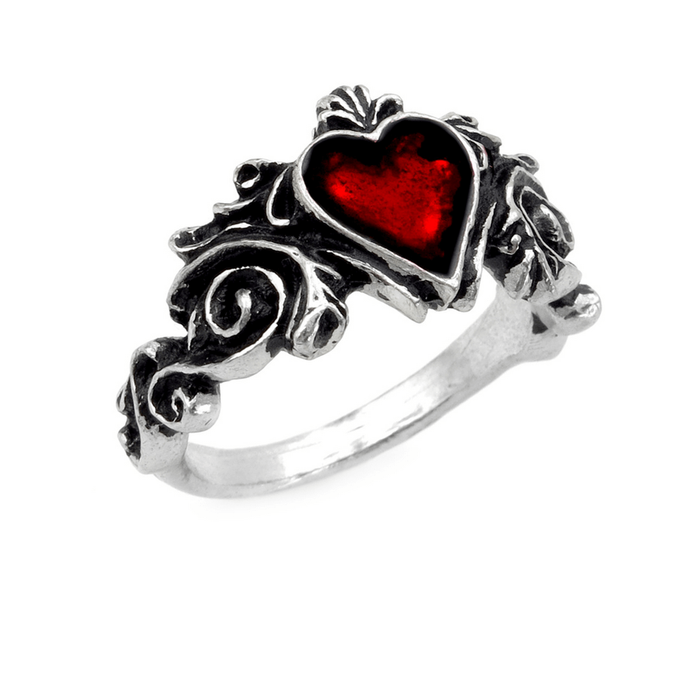 Romantic Gothic Ring with Red Heart and Floral Design