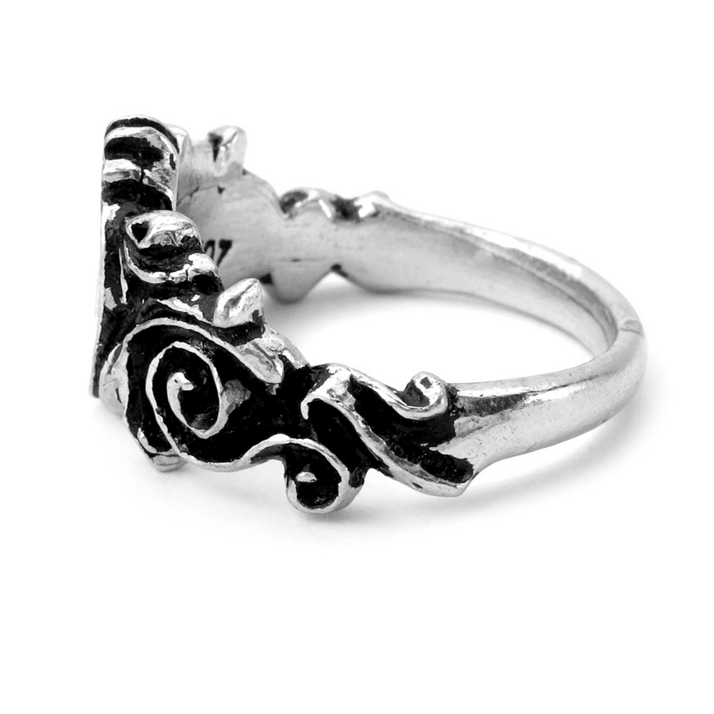 Romantic Gothic Ring with Red Heart and Floral Design