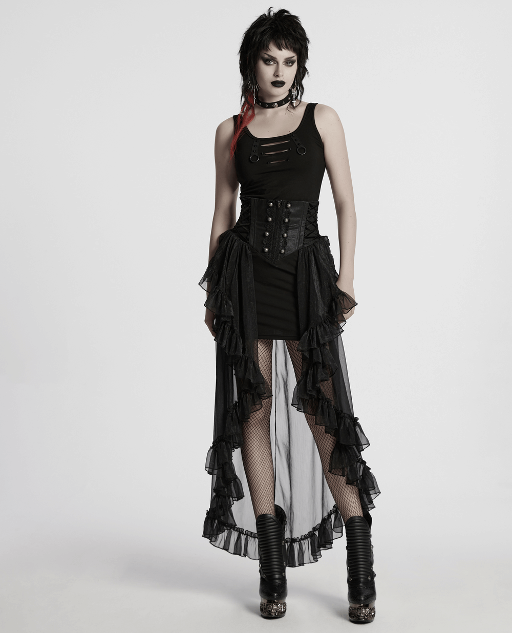 Romantic High Waist Gothic Mesh Skirt with Ruffle Layers