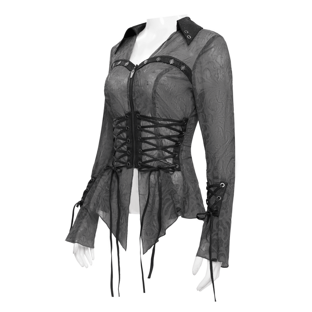Romantic Sheer Blouse with Lace-Up Waist and Pointed Hem