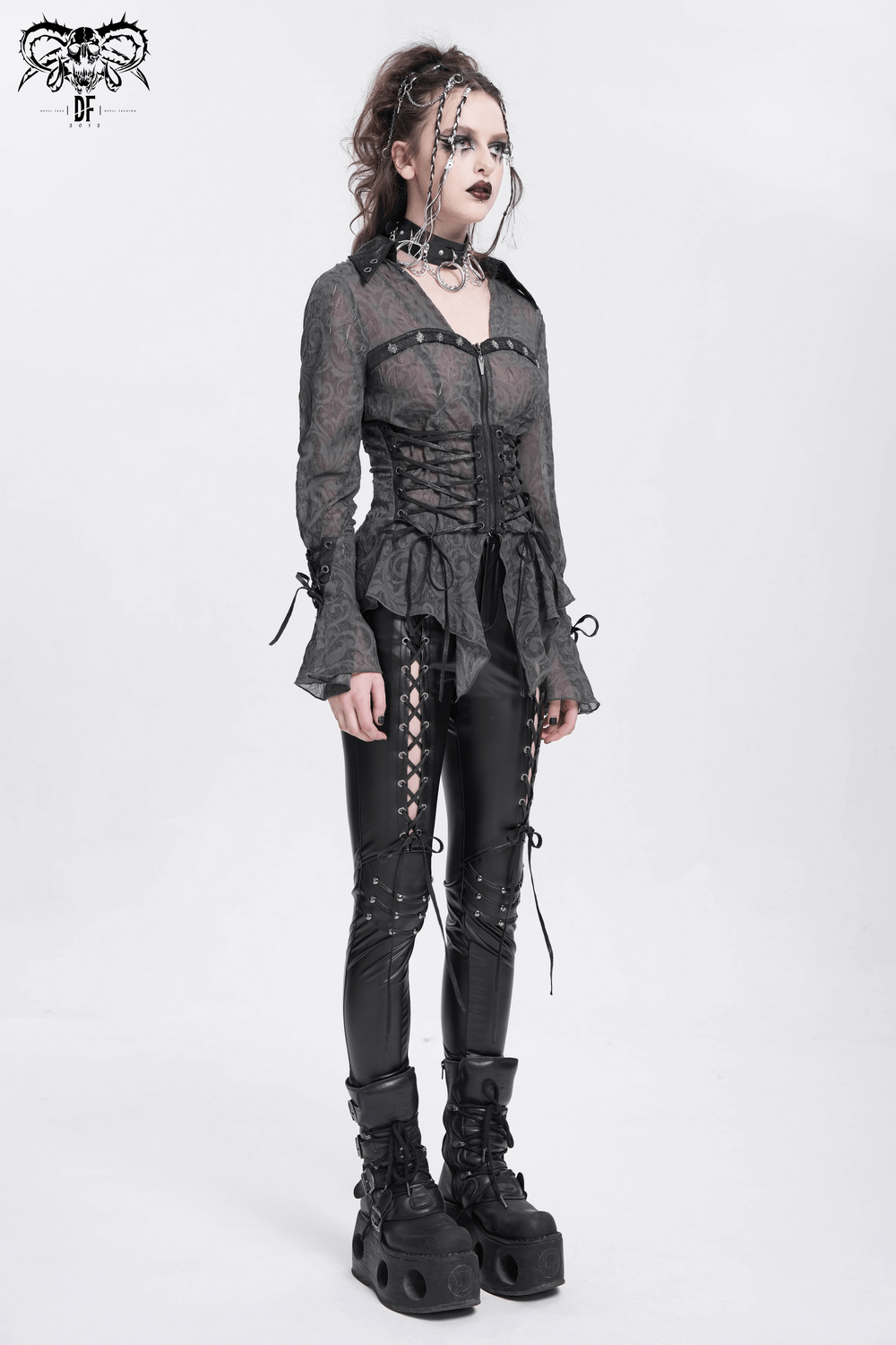 Romantic Sheer Blouse with Lace-Up Waist and Pointed Hem
