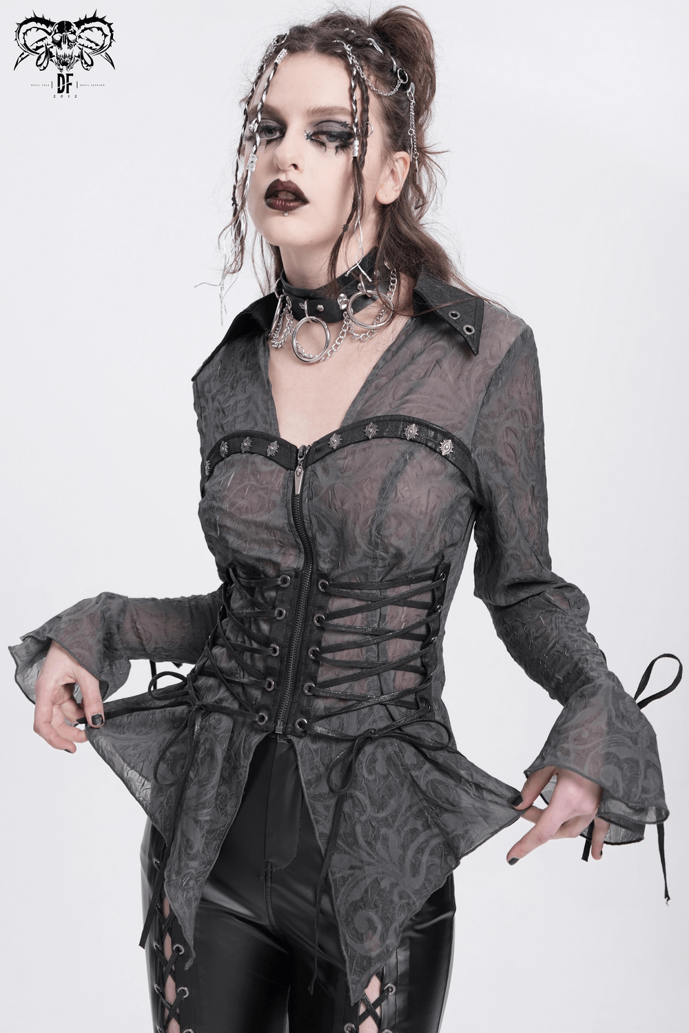Romantic Sheer Blouse with Lace-Up Waist and Pointed Hem