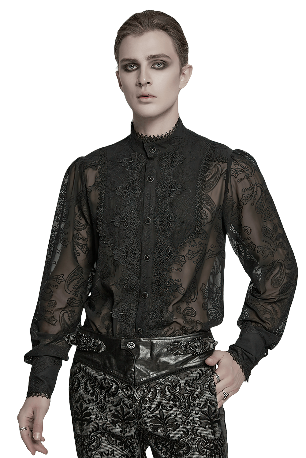 Romantic Sheer Embroidered Chiffon Shirt with Lace Detail