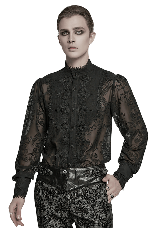 Romantic Sheer Embroidered Chiffon Shirt with Lace Detail