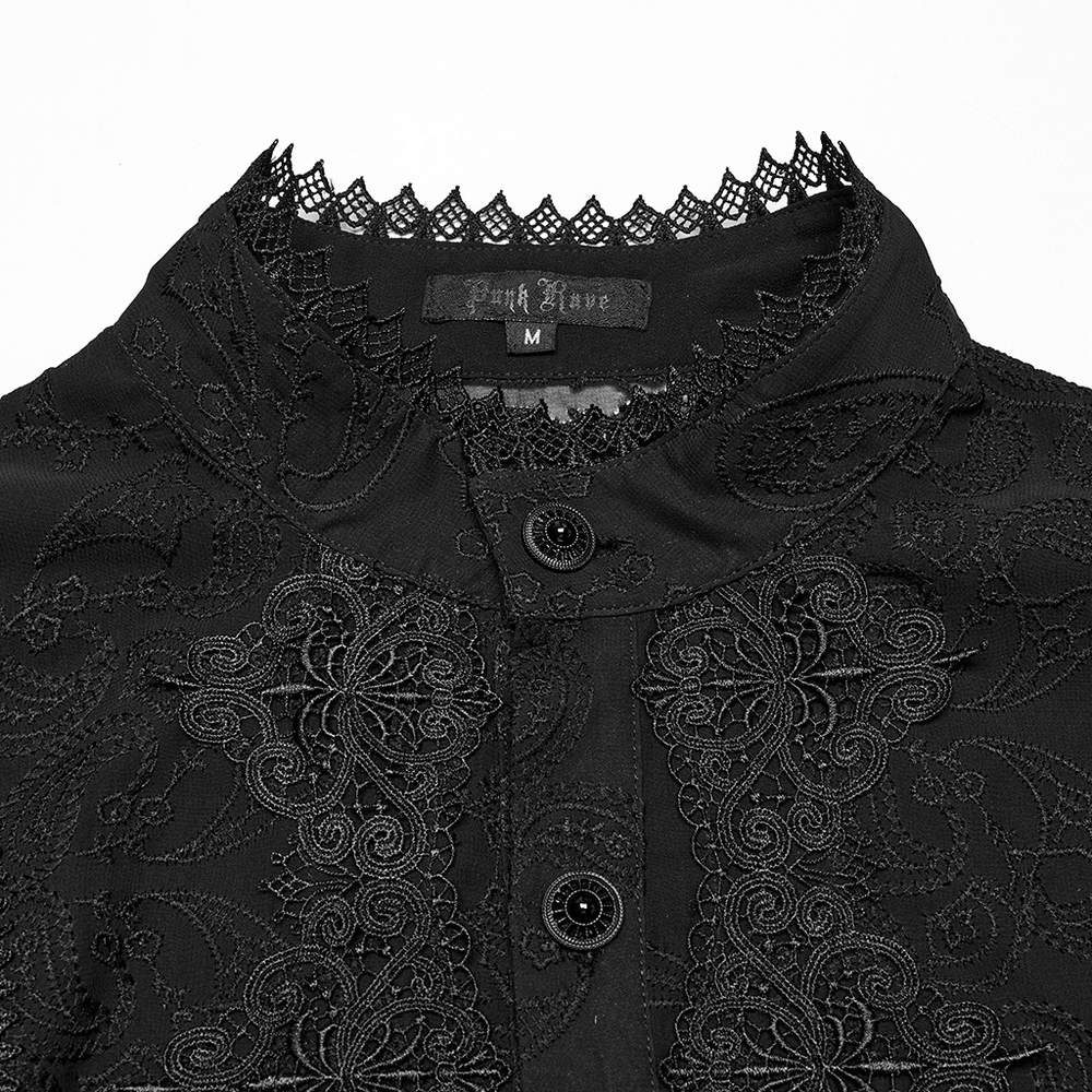 Romantic Sheer Embroidered Chiffon Shirt with Lace Detail