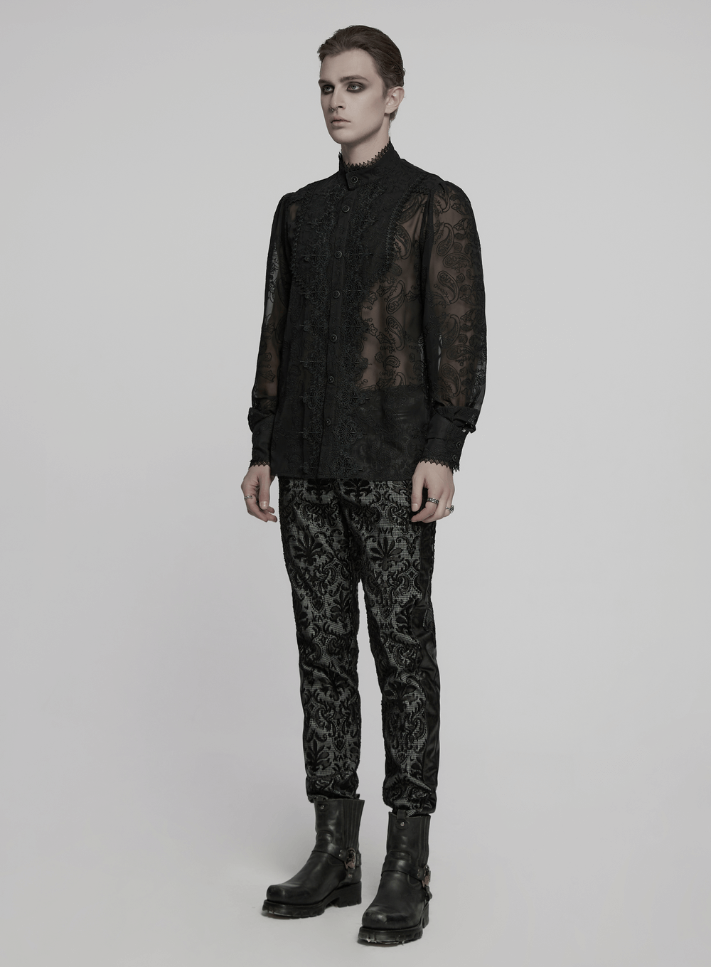 Romantic Sheer Embroidered Chiffon Shirt with Lace Detail