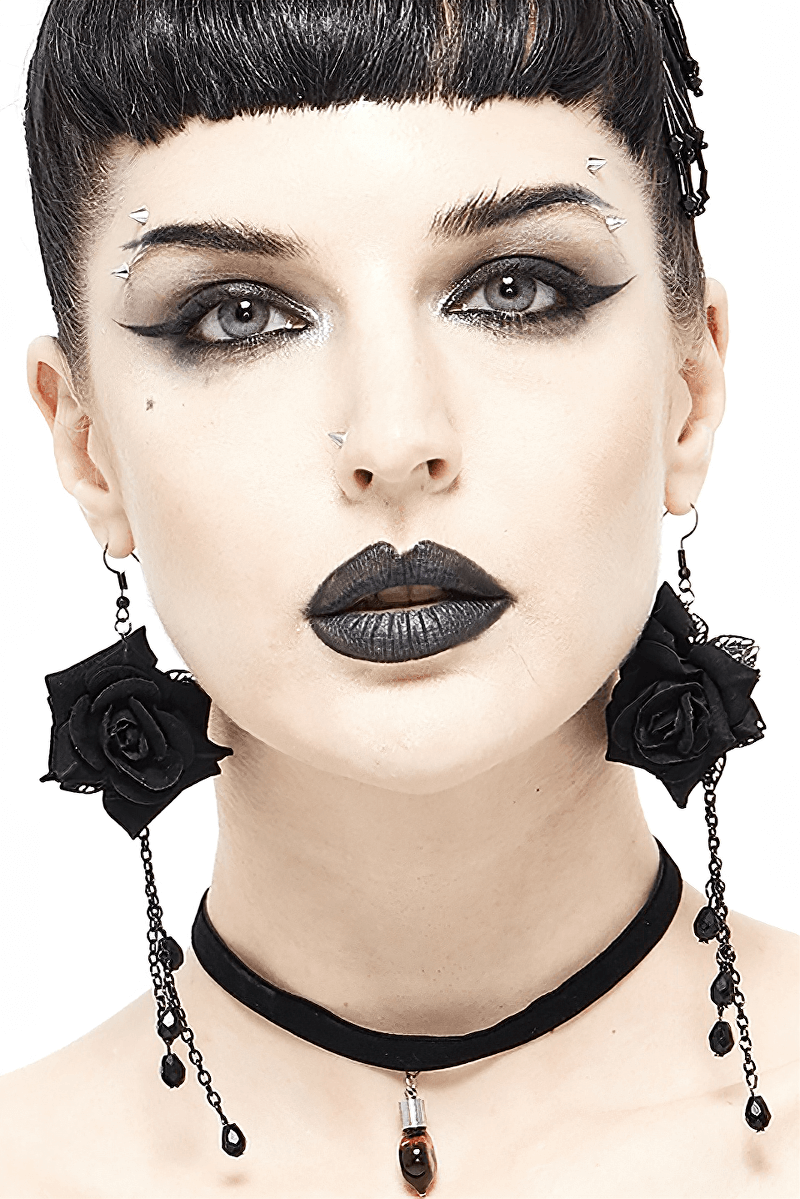 Rose and Chain Cluster Earrings in Gothic Style / Women Alternative Fashion Jewelry