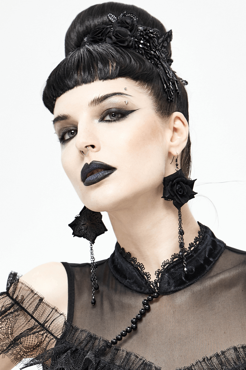 Rose and Chain Cluster Earrings in Gothic Style / Women Alternative Fashion Jewelry