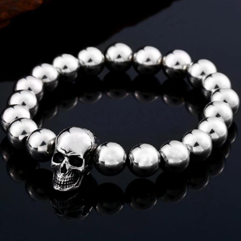 Round Bead Rock Skull Biker Bracelet Stainless Steel Cool accessories Jewelry