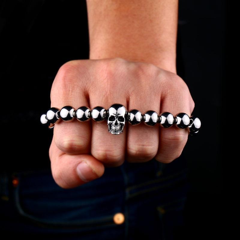 Round Bead Rock Skull Biker Bracelet Stainless Steel Cool accessories Jewelry