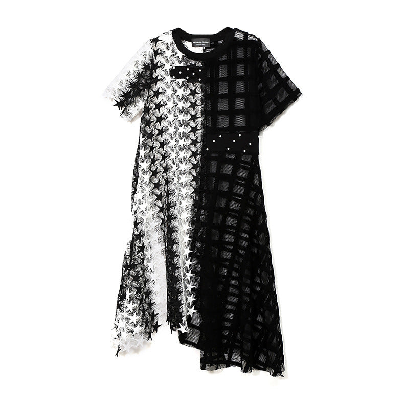 Round Neck Short Sleeve Black & White Color Dress / Women's Hollow Out Irregular Loose Gothic Dress