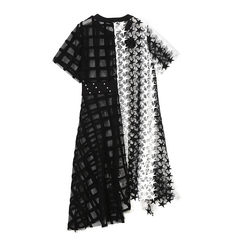 Round Neck Short Sleeve Black & White Color Dress / Women's Hollow Out Irregular Loose Gothic Dress