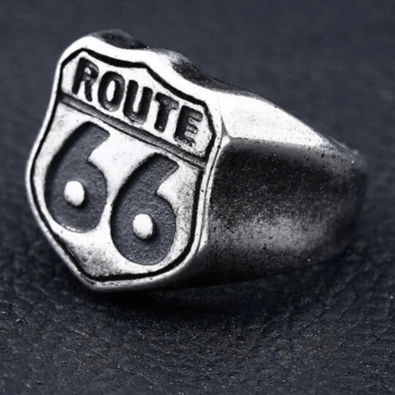 Route 66 Ring in Rock Style / Vintage Stainless Steel Biker Jewelry
